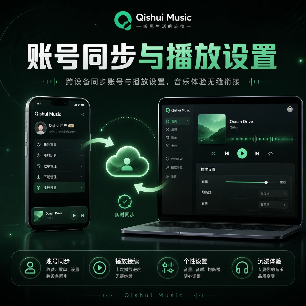汽水音乐账号同步与播放设置界面